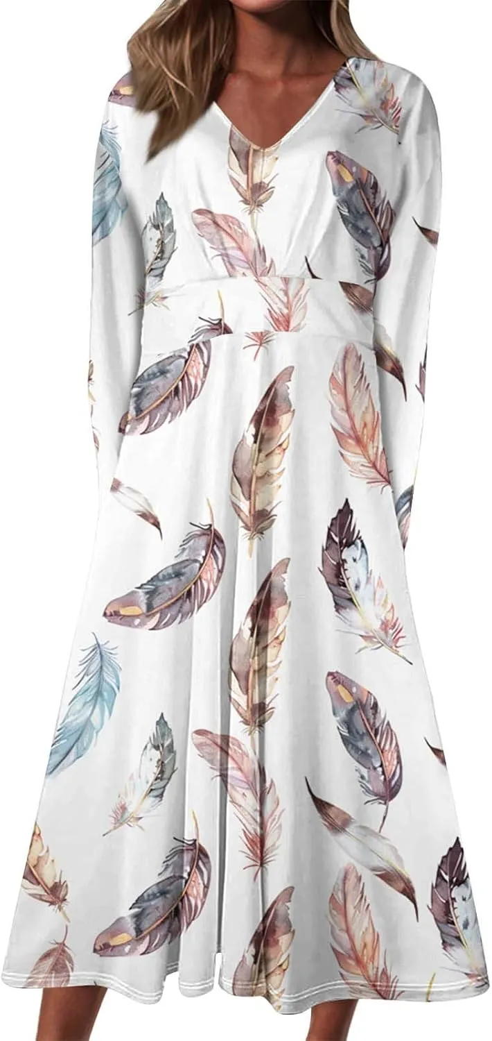 Women's Casual Dresses Fall 2024 Boho Long Sleeve V Neck Ruffle Maxi Dress Vintage Fashion Ruffle Bohemian Dresses