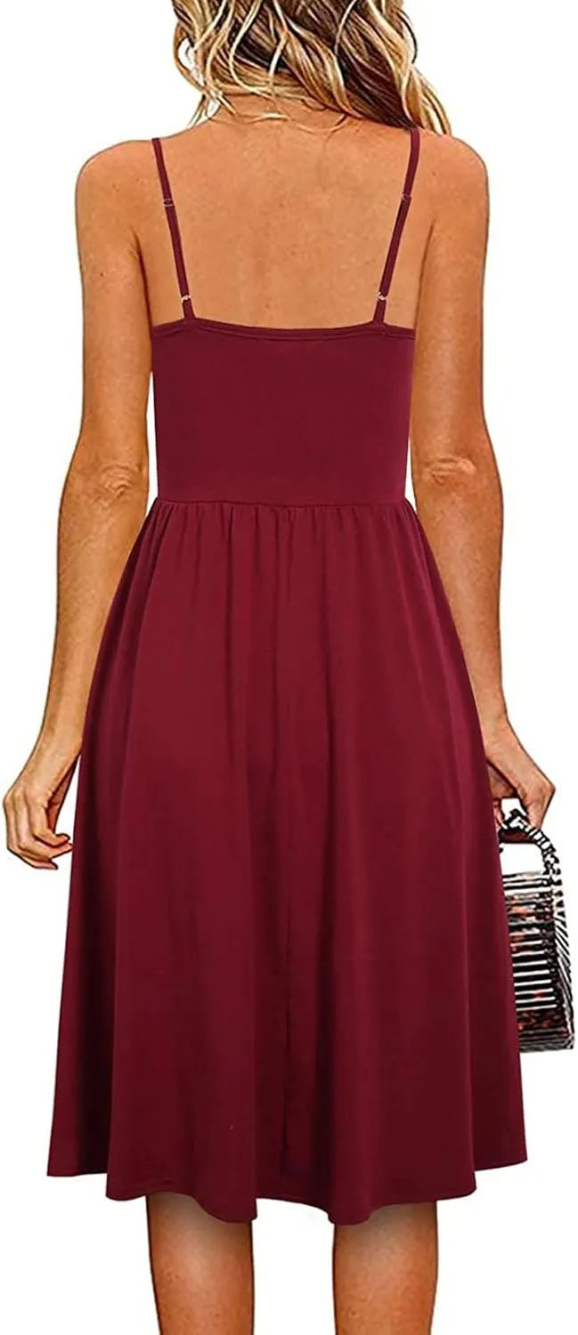 Women's Casual Dresses Summer Pleated Dress Sexy Spaghetti Strap Dresses Sleeveless V Neck Solid Tiered Clothes
