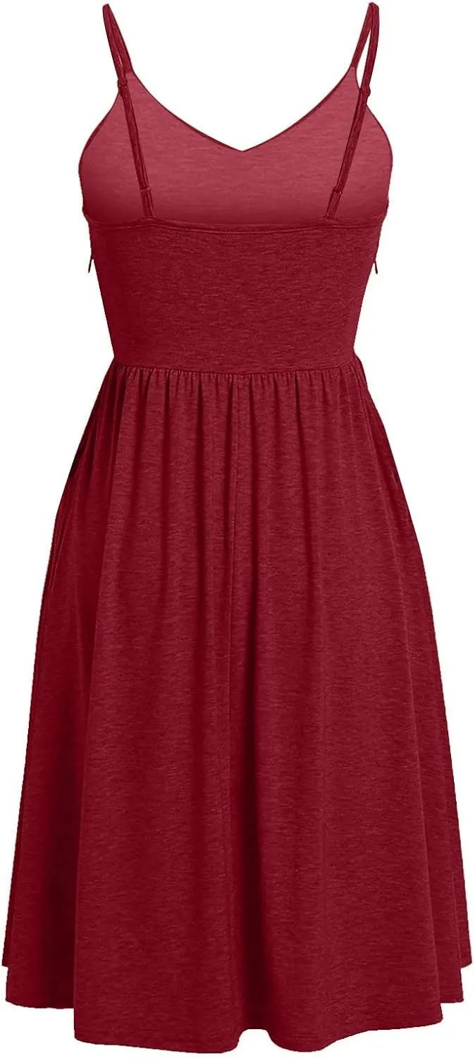 Women's Casual Dresses Summer Pleated Dress Sexy Spaghetti Strap Dresses Sleeveless V Neck Solid Tiered Clothes