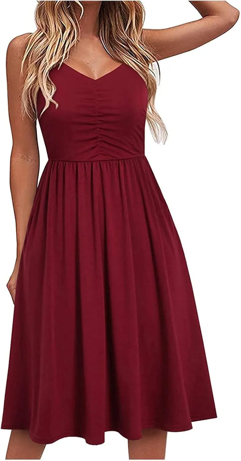 Women's Casual Dresses Summer Pleated Dress Sexy Spaghetti Strap Dresses Sleeveless V Neck Solid Tiered Clothes