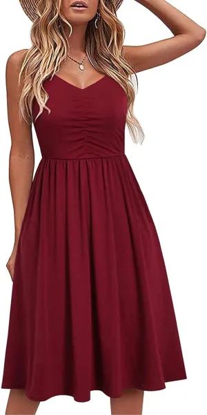 Women's Casual Dresses Summer Pleated Dress Sexy Spaghetti Strap Dresses Sleeveless V Neck Solid Tiered Clothes