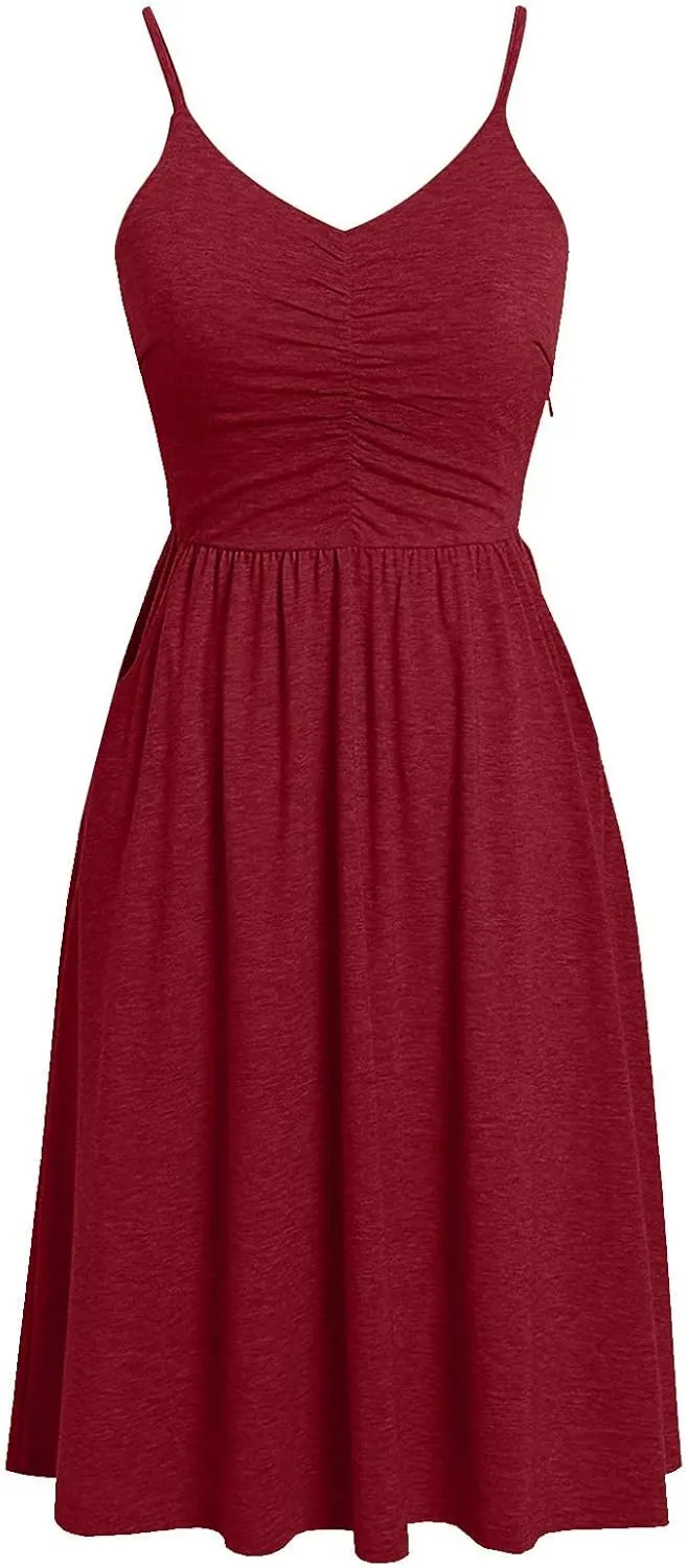Women's Casual Dresses Summer Pleated Dress Sexy Spaghetti Strap Dresses Sleeveless V Neck Solid Tiered Clothes