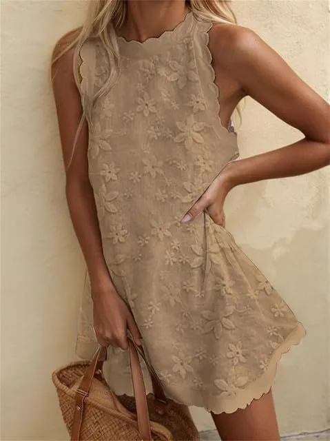 Women's Casual Embroidered Lace Floral Sleeveless Mini Dress A-line Beach Vacation Dresses Ruffle Swing Loose Tank Sundresses