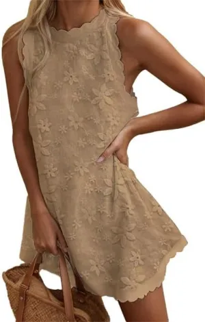 Women's Casual Embroidered Lace Floral Sleeveless Mini Dress A-line Beach Vacation Dresses Ruffle Swing Loose Tank Sundresses