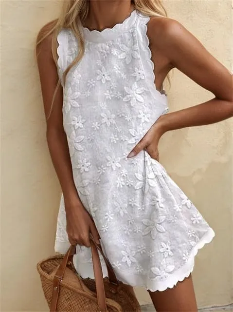 Women's Casual Embroidered Lace Floral Sleeveless Mini Dress A-line Beach Vacation Dresses Ruffle Swing Loose Tank Sundresses