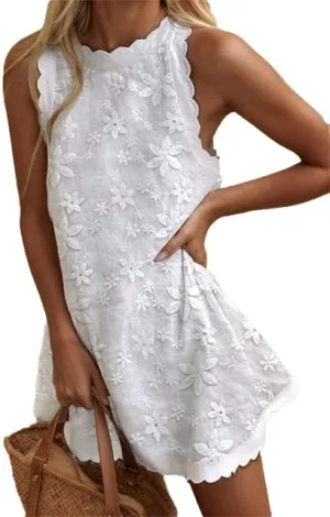 Women's Casual Embroidered Lace Floral Sleeveless Mini Dress A-line Beach Vacation Dresses Ruffle Swing Loose Tank Sundresses