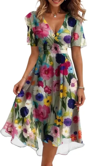 Womens Casual Flowy Chiffon Maxi Floral Dress, A-Line Ruffle Short Sleeve V Neck Empire Waist Long Vacation Dresses for Women Multicolor L