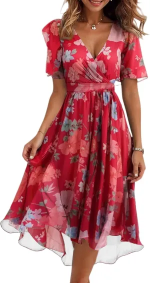 Womens Casual Flowy Chiffon Maxi Floral Dress, A-Line Ruffle Short Sleeve V Neck Empire Waist Long Vacation Dresses for Women Red S