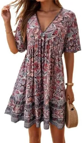 Women's Casual Mini Ruffle Babydoll Boho Dress, Short Sleeve A-line Lace-Trimmed V Neck High Waist Ruched Flowy Beach Dresses