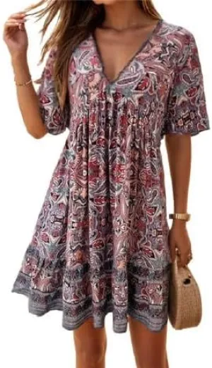 Women's Casual Mini Ruffle Babydoll Boho Dress, Short Sleeve A-line Lace-Trimmed V Neck High Waist Ruched Flowy Beach Dresses