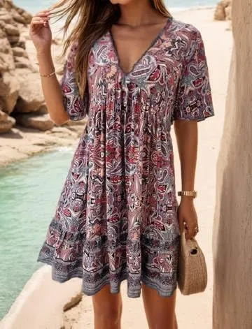 Women's Casual Mini Ruffle Babydoll Boho Dress, Short Sleeve A-line Lace-Trimmed V Neck High Waist Ruched Flowy Beach Dresses