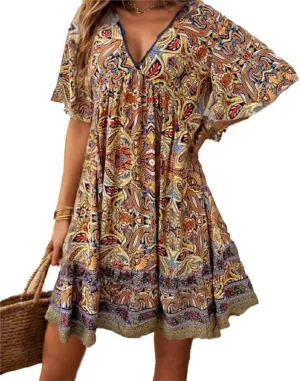 Women's Casual Mini Ruffle Babydoll Boho Dress, Short Sleeve A-line Lace-Trimmed V Neck High Waist Ruched Flowy Beach Dresses