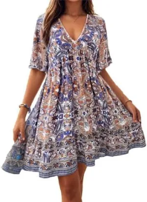 Women's Casual Mini Ruffle Babydoll Boho Dress, Short Sleeve A-line Lace-Trimmed V Neck High Waist Ruched Flowy Beach Dresses