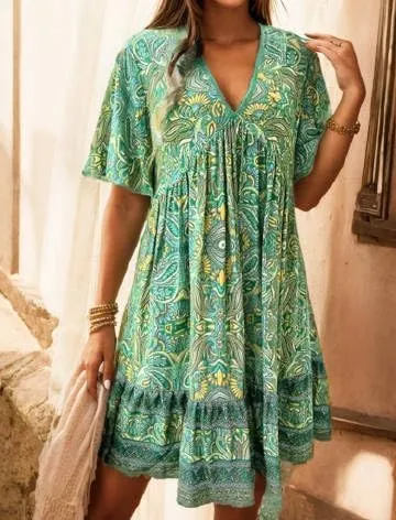 Women's Casual Mini Ruffle Babydoll Boho Dress, Short Sleeve A-line Lace-Trimmed V Neck High Waist Ruched Flowy Beach Dresses