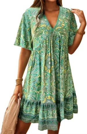Women's Casual Mini Ruffle Babydoll Boho Dress, Short Sleeve A-line Lace-Trimmed V Neck High Waist Ruched Flowy Beach Dresses
