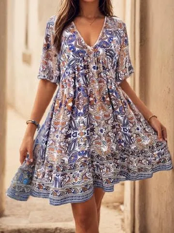 Women's Casual Mini Ruffle Babydoll Boho Dress, Short Sleeve A-line Lace-Trimmed V Neck High Waist Ruched Flowy Beach Dresses