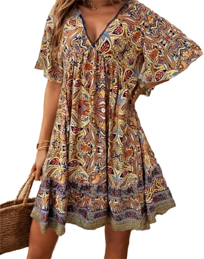Women's Casual Mini Ruffle Babydoll Boho Dress, Short Sleeve A-line Lace-Trimmed V Neck High Waist Ruched Flowy Beach Dresses