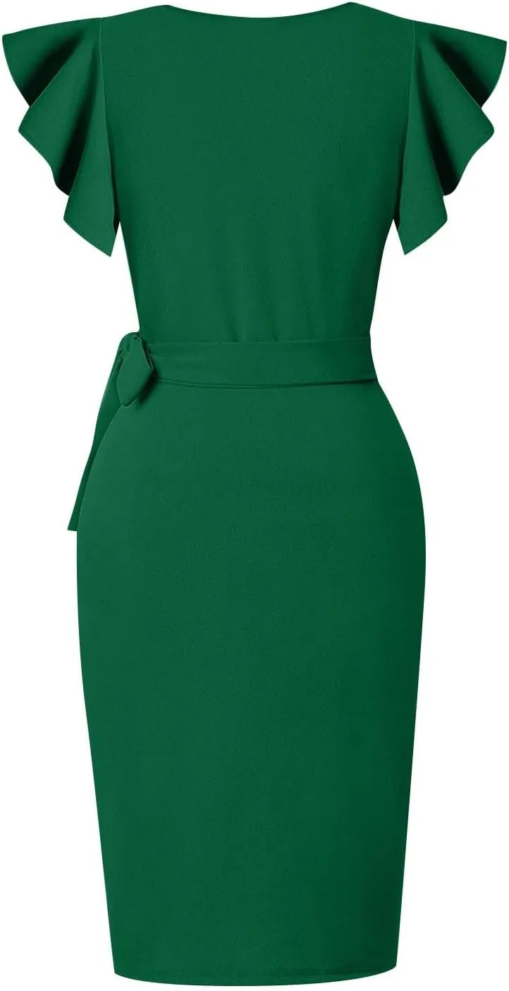 Womens Cocktail Party Dresses Ruffle Sleeve Dress V Neck Bodycon Business Work Wrap Sheath Dress Fashion Outfits