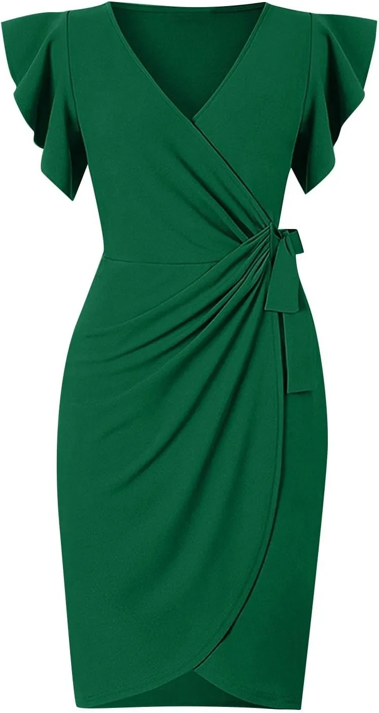 Womens Cocktail Party Dresses Ruffle Sleeve Dress V Neck Bodycon Business Work Wrap Sheath Dress Fashion Outfits