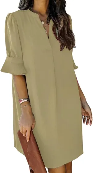 Womens Comfy Ruffle Half Sleeve V-Neck Midi Shirt Dress Casual Loose Plus Size Solid Summer Dresses for Women 2024