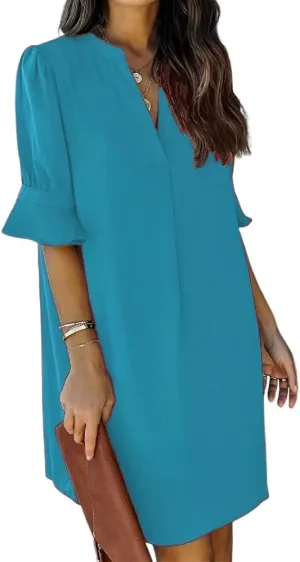 Womens Comfy Ruffle Half Sleeve V-Neck Midi Shirt Dress Casual Loose Plus Size Solid Summer Dresses for Women 2024