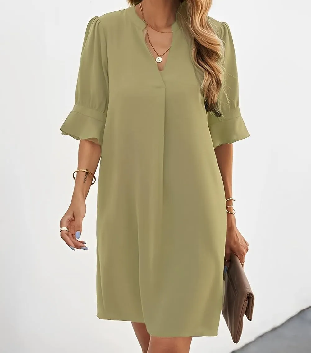 Womens Comfy Ruffle Half Sleeve V-Neck Midi Shirt Dress Casual Loose Plus Size Solid Summer Dresses for Women 2024