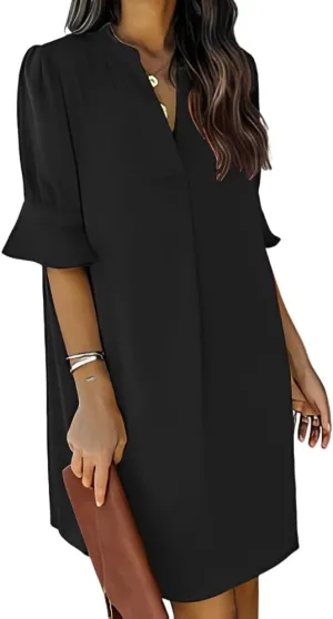 Womens Comfy Ruffle Half Sleeve V-Neck Midi Shirt Dress Casual Loose Plus Size Solid Summer Dresses for Women 2024
