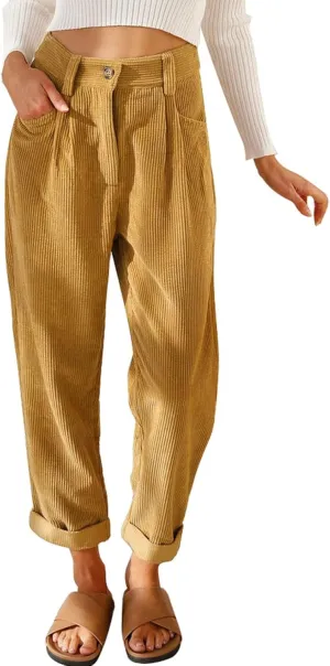 Womens Corduroy Pants Casual High Waisted Straight Leg Vintage Trousers for Women with Pockets