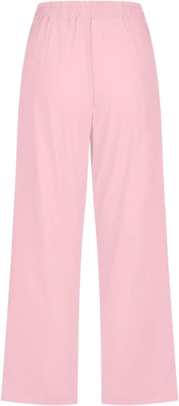 Womens Cotton Linen Pants 2025 Summer Floral Print Casual Drawstring High Waist Capri Yoga Trousers with Pockets