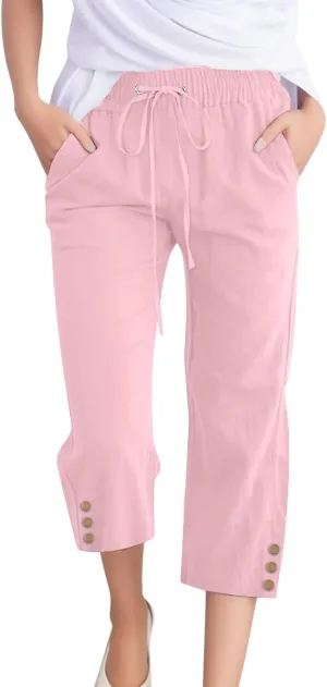 Womens Cotton Linen Pants 2025 Summer Floral Print Casual Drawstring High Waist Capri Yoga Trousers with Pockets