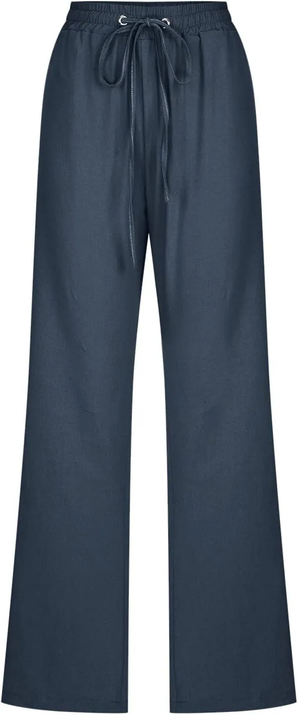 Womens Cotton Linen Pants 2025 Summer High Waist Drawstring Straight Leg Loose Fit Casual Trousers with Pockets