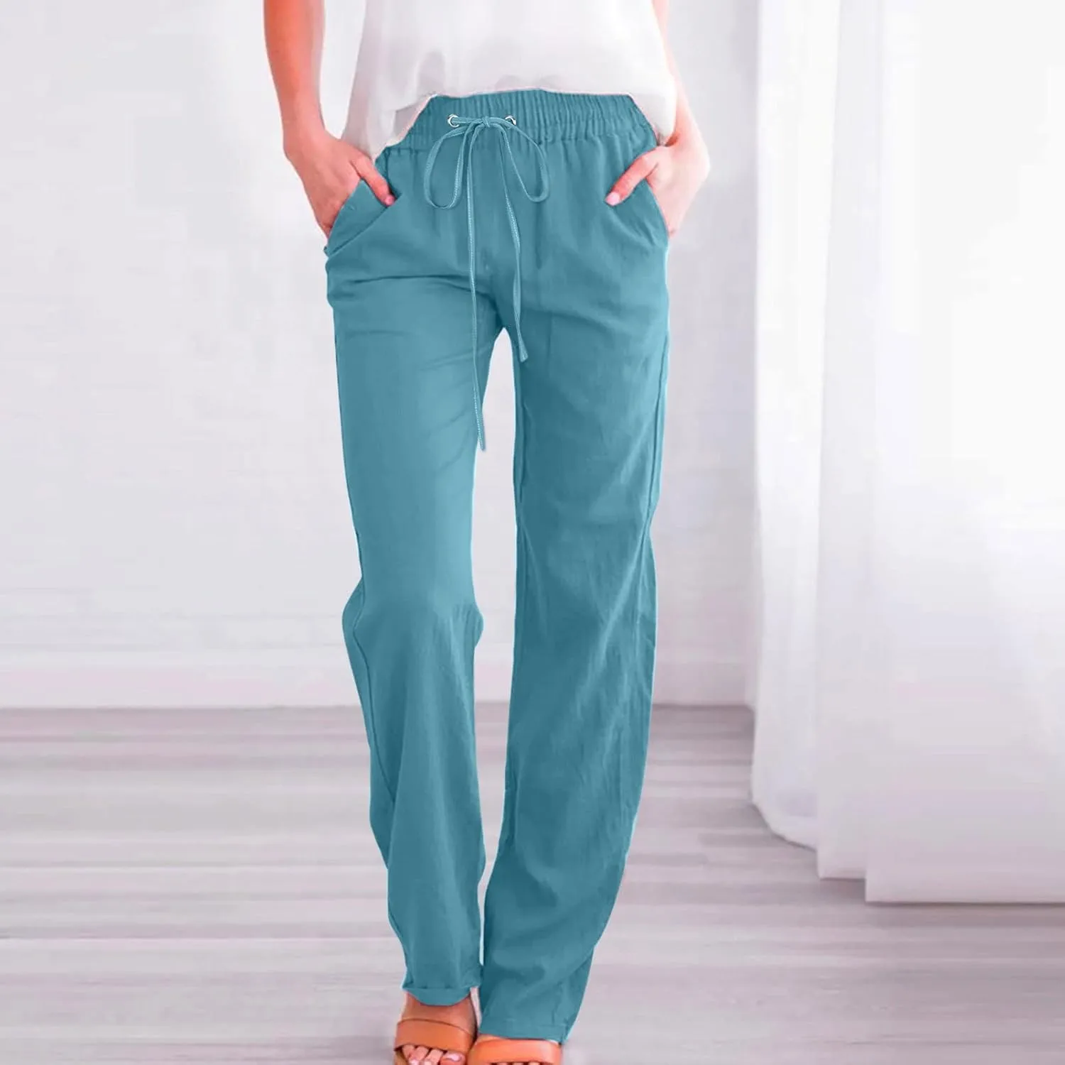 Womens Cotton Linen Pants 2025 Summer High Waist Drawstring Straight Leg Loose Fit Casual Trousers with Pockets