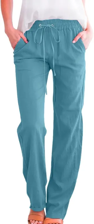 Womens Cotton Linen Pants 2025 Summer High Waist Drawstring Straight Leg Loose Fit Casual Trousers with Pockets