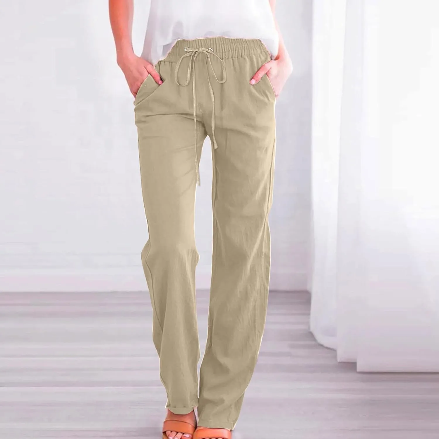 Womens Cotton Linen Pants 2025 Summer High Waist Drawstring Straight Leg Loose Fit Casual Trousers with Pockets