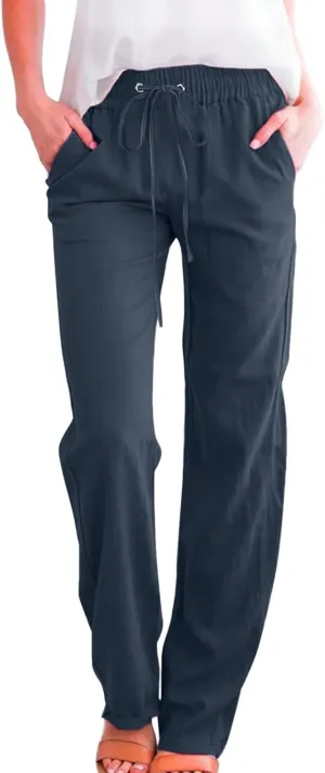 Womens Cotton Linen Pants 2025 Summer High Waist Drawstring Straight Leg Loose Fit Casual Trousers with Pockets