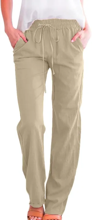 Womens Cotton Linen Pants 2025 Summer High Waist Drawstring Straight Leg Loose Fit Casual Trousers with Pockets