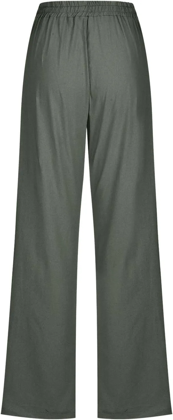Womens Cotton Linen Pants 2025 Summer High Waist Drawstring Straight Leg Loose Fit Casual Trousers with Pockets