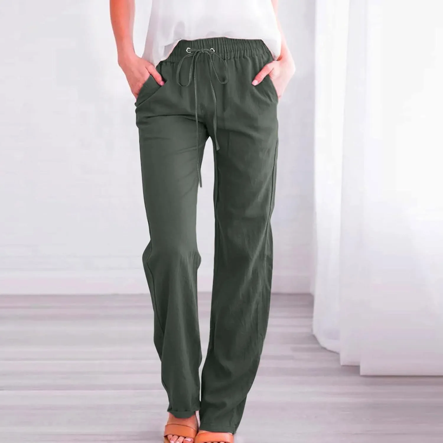 Womens Cotton Linen Pants 2025 Summer High Waist Drawstring Straight Leg Loose Fit Casual Trousers with Pockets