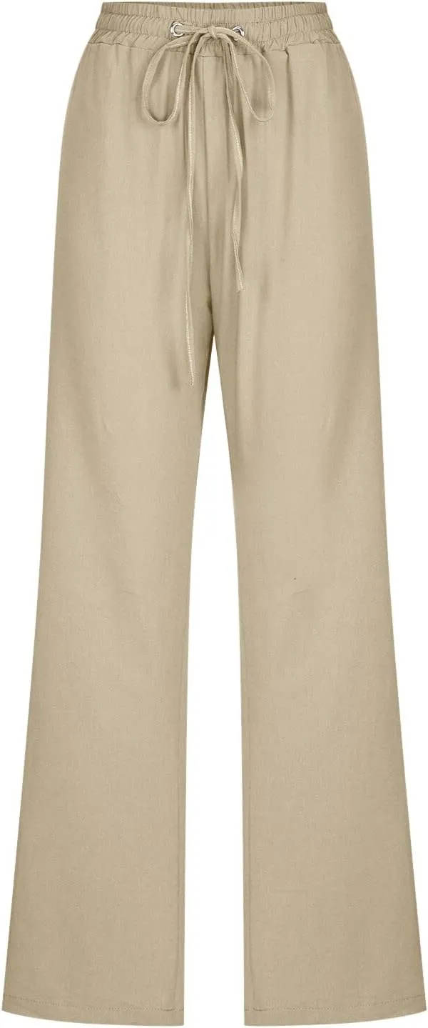 Womens Cotton Linen Pants 2025 Summer High Waist Drawstring Straight Leg Loose Fit Casual Trousers with Pockets