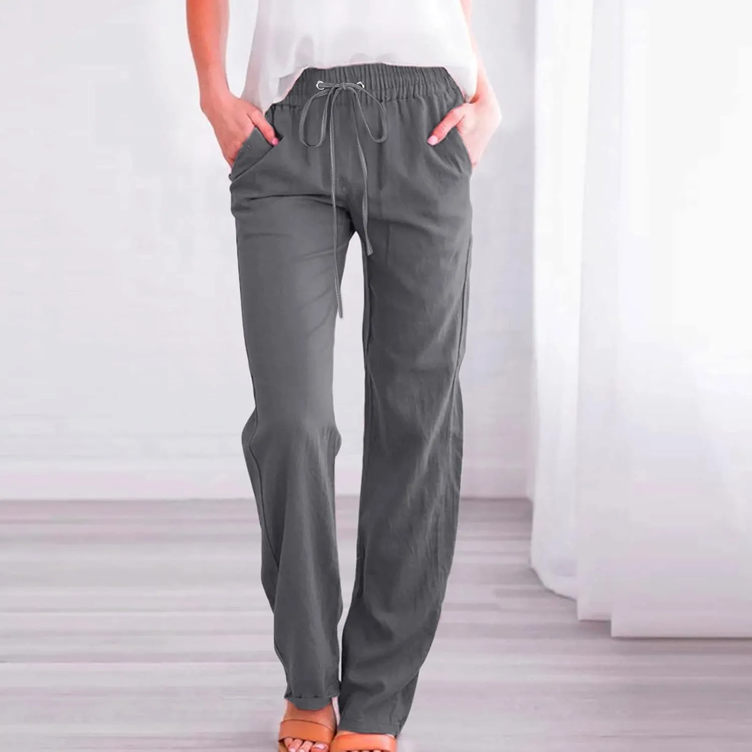 Womens Cotton Linen Pants 2025 Summer High Waist Drawstring Straight Leg Loose Fit Casual Trousers with Pockets
