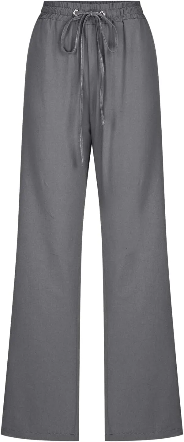 Womens Cotton Linen Pants 2025 Summer High Waist Drawstring Straight Leg Loose Fit Casual Trousers with Pockets