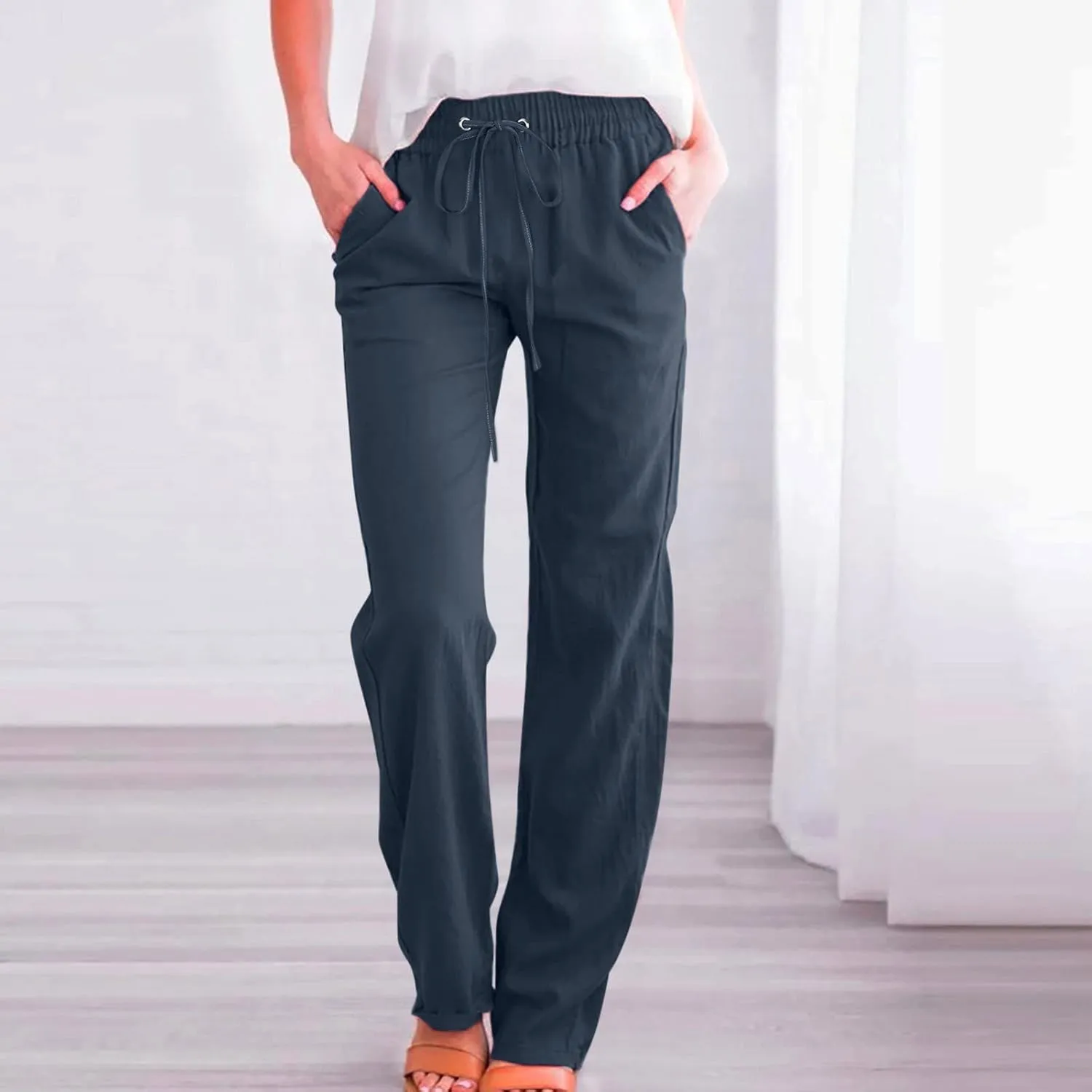 Womens Cotton Linen Pants 2025 Summer High Waist Drawstring Straight Leg Loose Fit Casual Trousers with Pockets