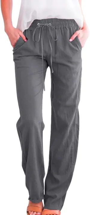 Womens Cotton Linen Pants 2025 Summer High Waist Drawstring Straight Leg Loose Fit Casual Trousers with Pockets