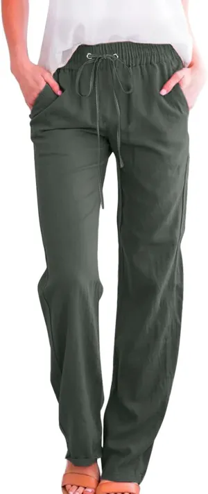 Womens Cotton Linen Pants 2025 Summer High Waist Drawstring Straight Leg Loose Fit Casual Trousers with Pockets