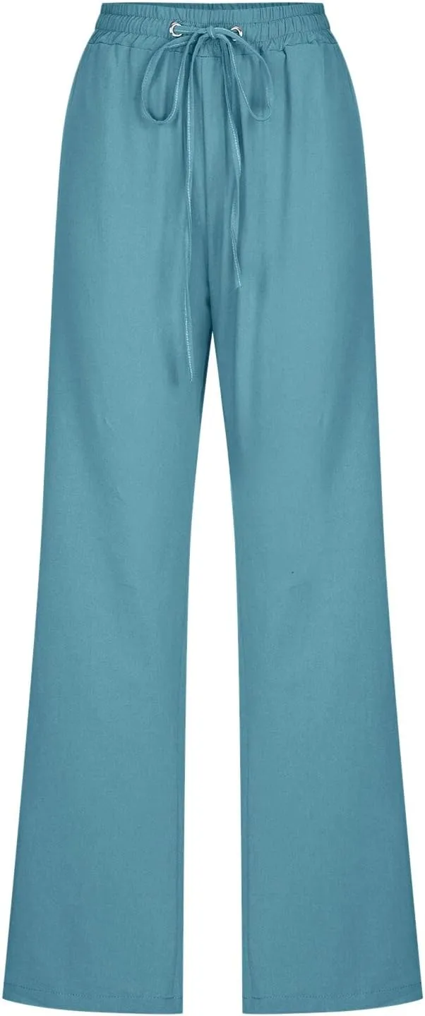 Womens Cotton Linen Pants 2025 Summer High Waist Drawstring Straight Leg Loose Fit Casual Trousers with Pockets