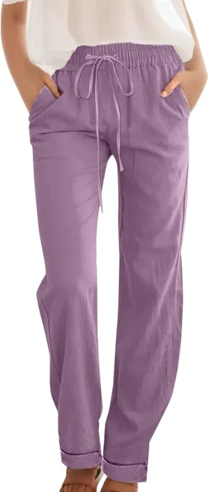 Womens Cotton Linen Pants 2025 Summer High Waist Drawstring Straight Leg Loose Fit Casual Trousers with Pockets