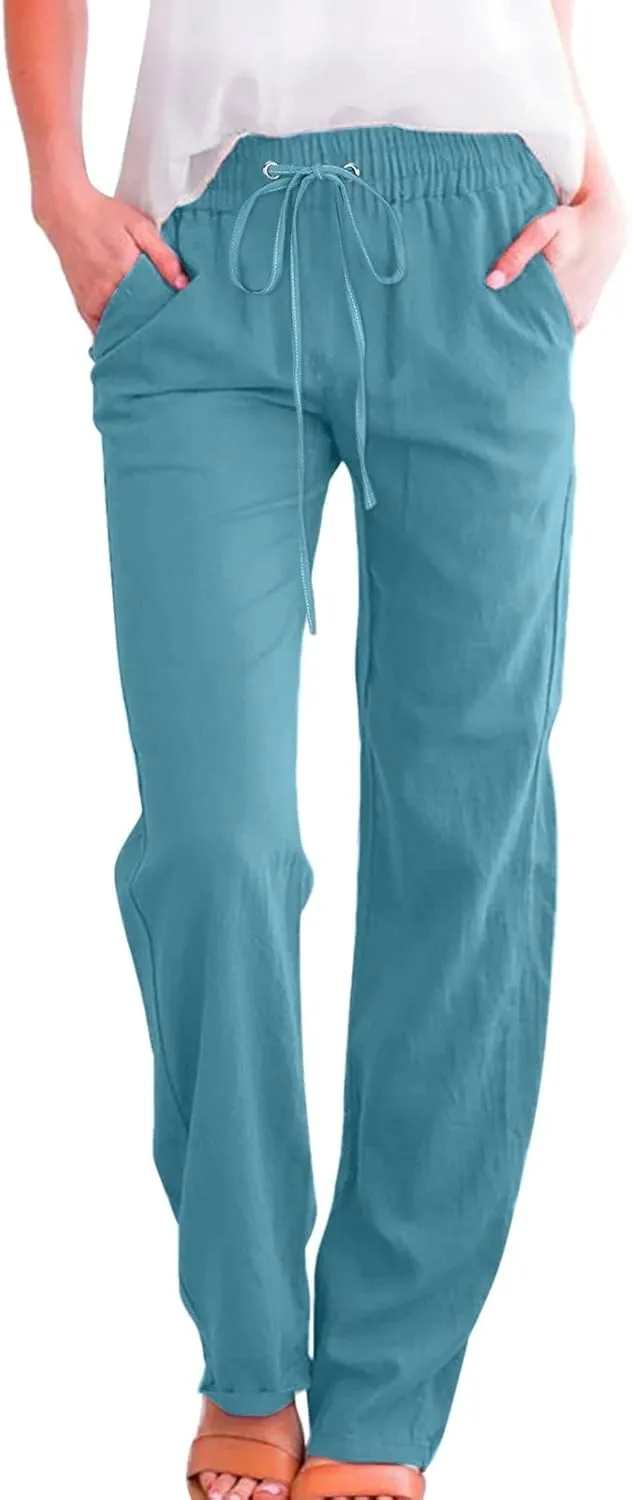 Womens Cotton Linen Pants 2025 Summer High Waist Drawstring Straight Leg Loose Fit Casual Trousers with Pockets