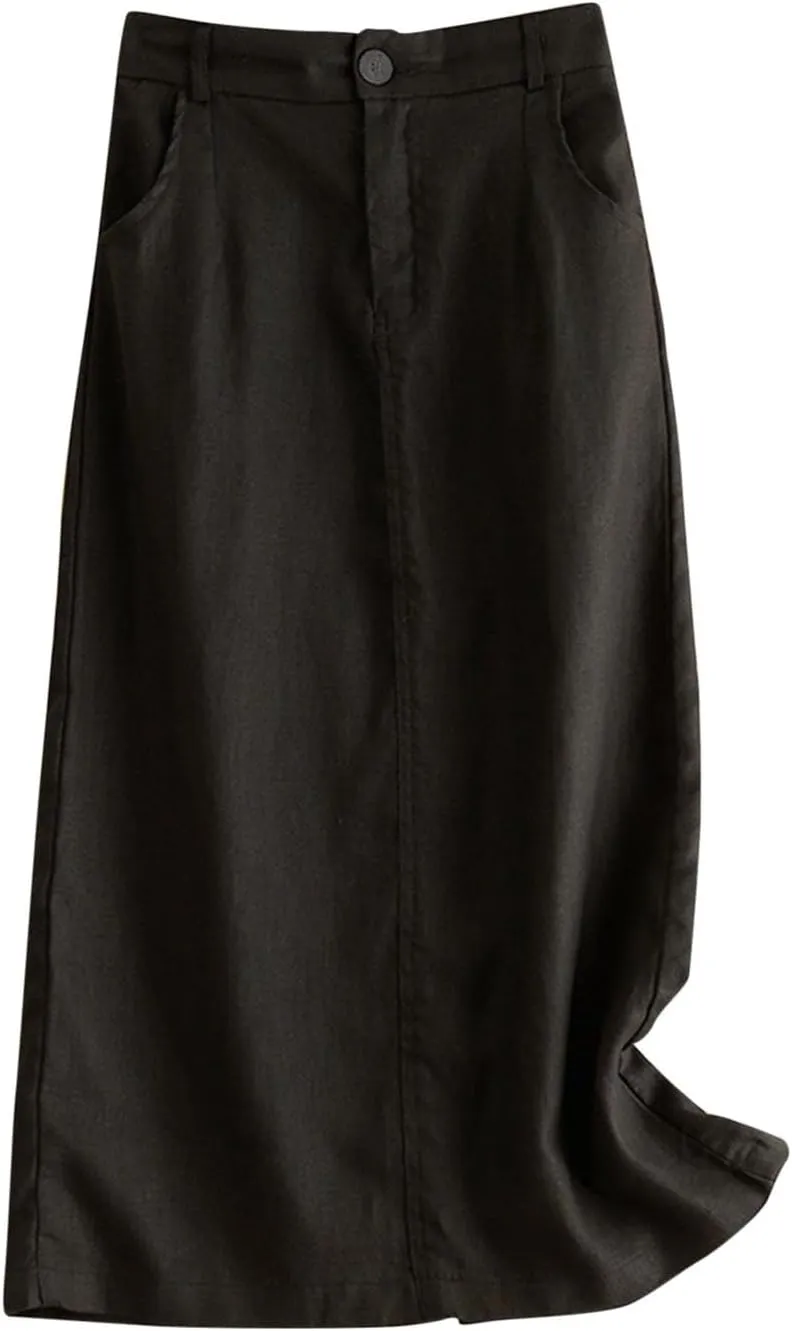 Womens Cotton Linen Skirts A Line Trendy 2025 Summer Casual Skirt Elastic High Waisted Midi Skirts with Pockets