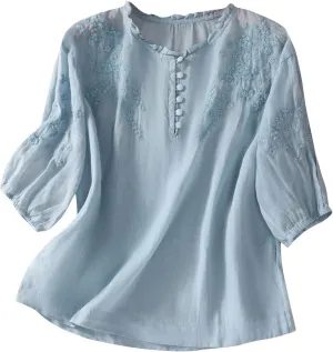 Womens Cotton Linen Tops Floral Embroidery Short Sleeve Button Down Boho Shirts Vintage Casual Summer Vacation Blouse