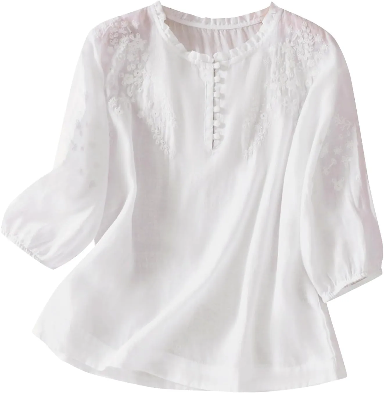 Womens Cotton Linen Tops Floral Embroidery Short Sleeve Button Down Boho Shirts Vintage Casual Summer Vacation Blouse